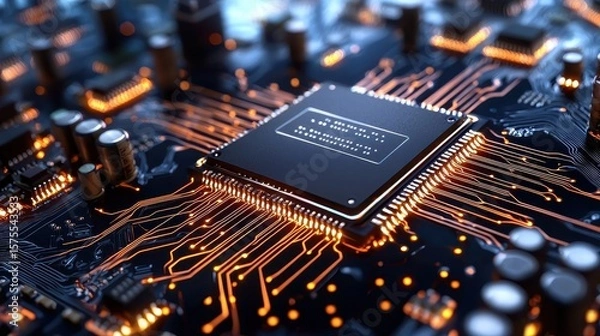 Obraz Central Processing Unit on Circuit Board Glowing Pathways and High Tech Detail