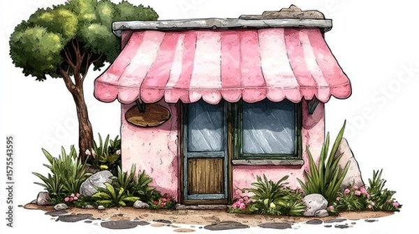 Obraz Charming Pink Shop Illustration with Striped Awning