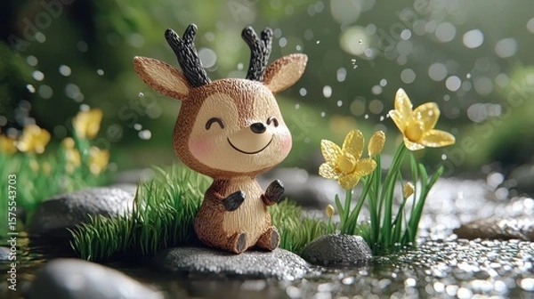 Obraz Charming Plush Deer Toy in a Lush Green Meadow with Yellow Wildflowers near Clear Water