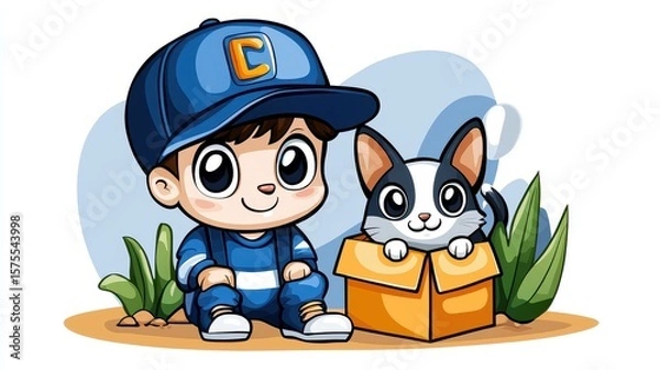 Obraz Cheerful Cartoon Boy and Kitten in Box