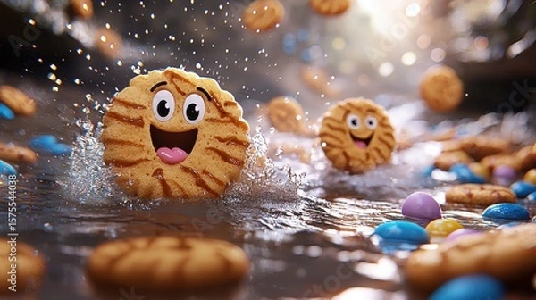 Obraz Cheerful Cartoon Cookies Splashing in a Stream with Candies