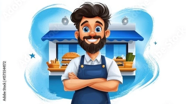 Obraz Cheerful Cartoon Man in Blue Apron at Food Stand Illustration with Burgers and Hotdogs