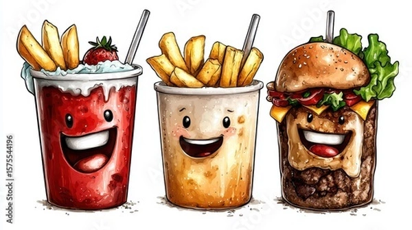 Obraz Cheerful Cartoon Trio Featuring Burger Fries and Strawberry Soda on White Background