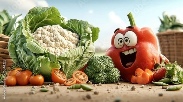 Obraz Cheerful Cartoon Vegetables on Wooden Surface