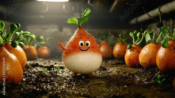 Obraz Cheerful Cartoon Turnip in Damp Cellar
