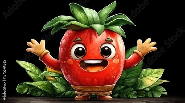 Obraz Cheerful Red Cartoon Strawberry Character in Lush Green Foliage