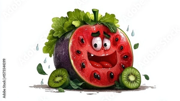 Obraz Cheerful Sliced Watermelon with Funny Face and Kiwi Pixel Art Design on White