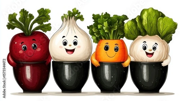 Obraz Cheerful Vegetable Characters in Black Pots with Big Eyes and Smiling Faces
