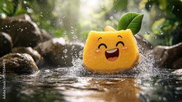 Obraz Cheerful Yellow Cartoon Character Splashes in Sunny Stream