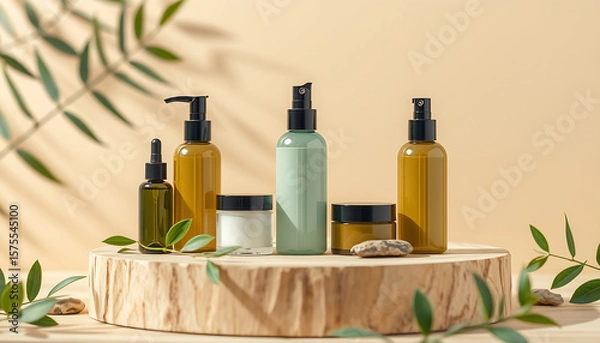 Obraz Assorted cosmetic bottles and jars on a wooden platform with leaves