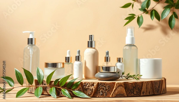 Obraz Assortment of cosmetic bottles and jars on a wooden platform