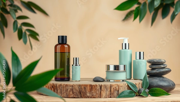 Obraz Assortment of skincare products with leaves and stones on a wooden surface