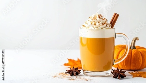Fototapeta Pumpkin Spice Latte Styled with Cinnamon, Pumkin, and Autumn Spices, Minimal White Background