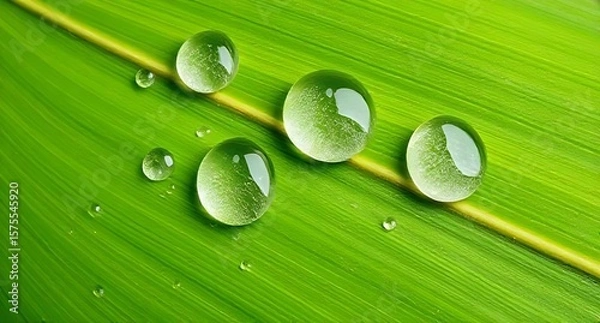 Obraz Dew Drops on Vibrant Green Leaf A Macro Nature Study