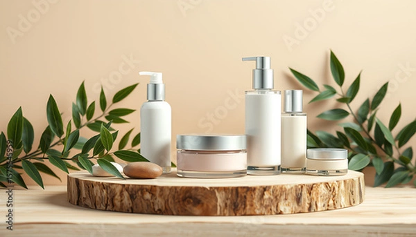 Obraz Cosmetic Product Display with Natural Elements on Wooden Platform