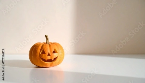 Fototapeta Sunlit pumpkin with happy face, a minimal concept capturing festive fun with a modern twist