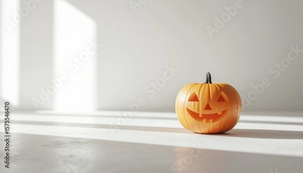 Fototapeta Playful pumpkin carving on minimal white background, a cheerful concept for Background