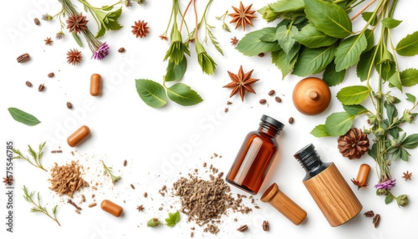 Obraz Herbal Medicine Arrangement with Bottles Capsules and Botanical Elements