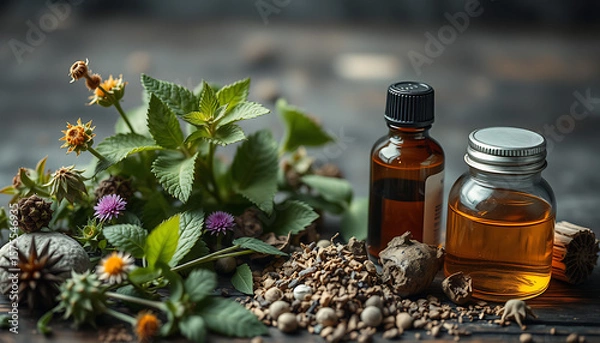 Obraz Herbal Remedy Still Life with Flowers Leaves Roots and Oils