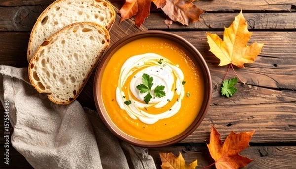 Fototapeta Vibrant and Tempting pumpkin soup with sourdough bread on wooden table, a balanced concept autumn menu highlight