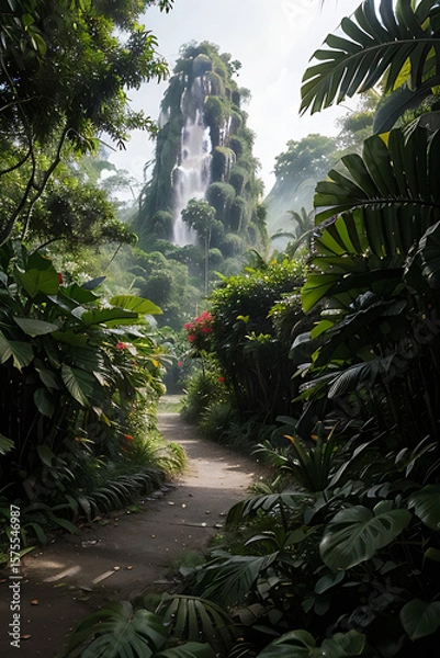 Obraz Lush Tropical Path Leading to a WaterfallCovered Mountain
