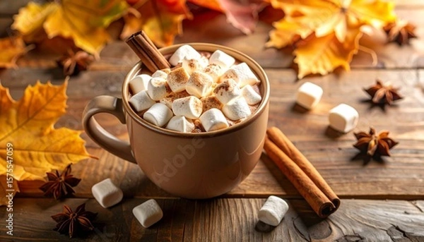 Fototapeta Rustic hot chocolate with marshmallows and cozy fall elements, a soothing concept warm autmun beverage showcase