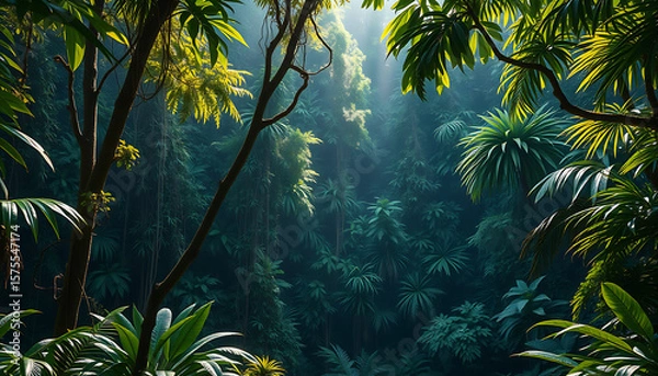 Obraz Lush Tropical Rainforest Canopy with Sunlight Streaming Through Dense Foliage