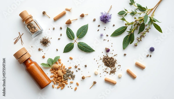 Obraz Natural remedies composition with wooden bottles seeds leaves and flowers