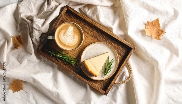 Fototapeta Warm neutral latte and cheesecake on rustic wooden tray, a cozy concept autumn dessert and drink styling