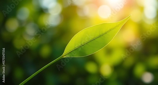 Obraz Single Green Leaf Illuminated by Sunlight Against a Blurred Green Background