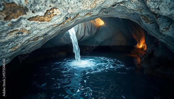 Obraz Waterfall cascading into a dark pool inside a cave
