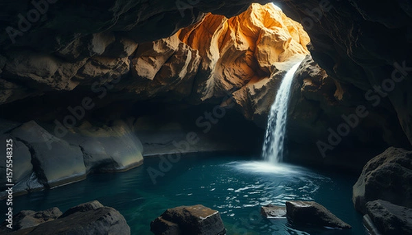 Obraz Waterfall Cascading into a Cave Pool with Rock Formations