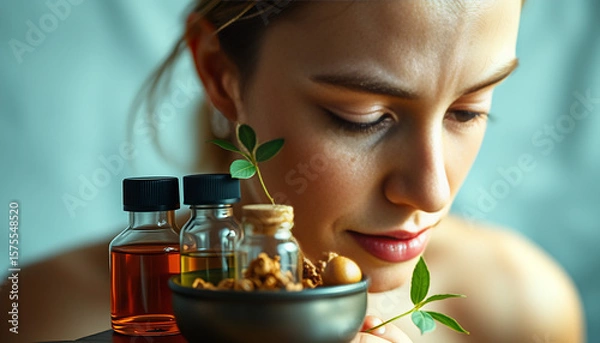 Obraz Woman with Essential Oils Nuts and Greenery for Wellness