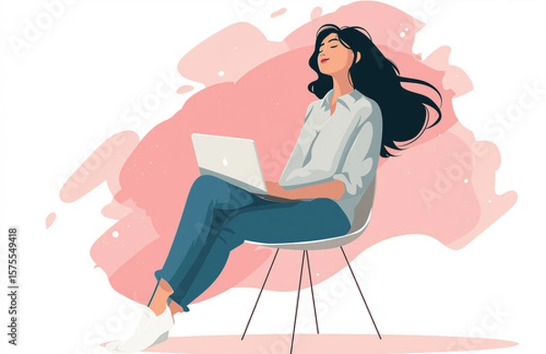 Fototapeta Photo of a happy woman sitting on a chair with a MacBook, transparent background, 