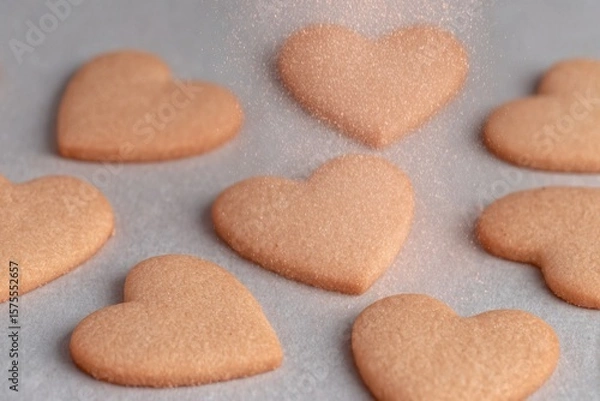 Obraz Sweet heart-shaped cookies covered with sugar dust at a cozy kitchen table