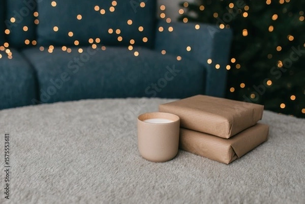 Obraz Cozy holiday corner with wrapped gifts and a candle glowing softly