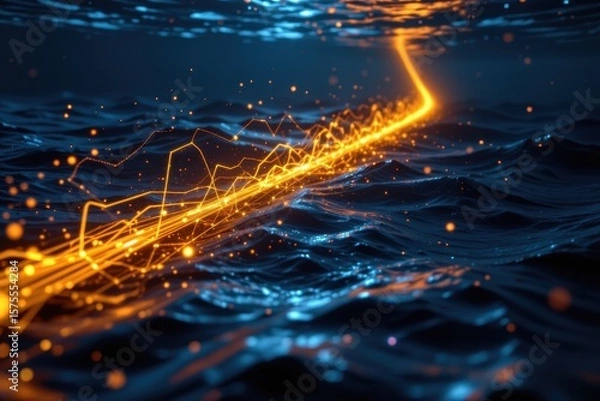 Fototapeta underwater internet cable stretching across atlantic ocean, glowing light pulses flowing inside fibers, connecting continents with invisible data highways beneath waves.