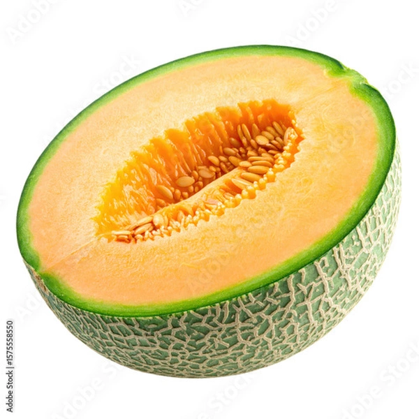 Fototapeta A vibrant, juicy cantaloupe melon with a cut side displaying the fresh, orange flesh and seeds, ready to enjoy.