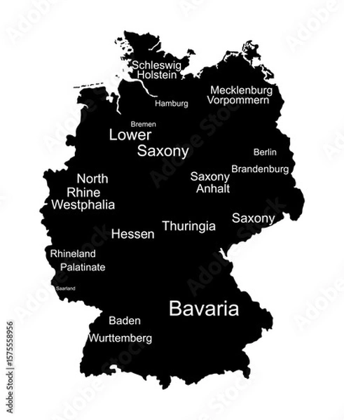 Fototapeta Germany map vector silhouette illustration isolated. Deutschland autonomous communities. Europe state, EU, Germany regions administrative divisions, provinces map. German editable map shape shadow.