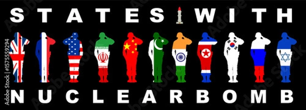 Fototapeta Flag over saluting army soldier vector. Rocket missile, countries with nuclear projectile forces. Artillery rocket launcher. Bomb test air attack. Powerful weapon war threat destruction and aggression