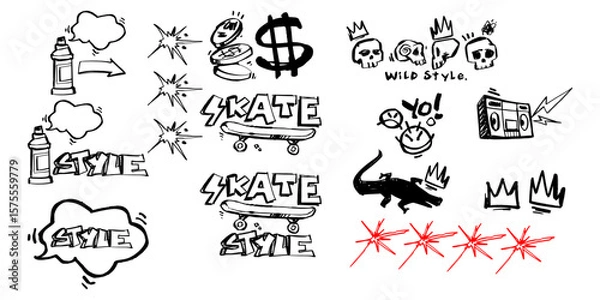 Fototapeta Collection of graffiti elements with skate tags, spray cans, stars, and skulls. Urban hand-drawn vector in bold black ink on transparent background.