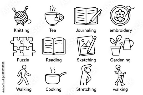 Obraz Set of hobby icons: knitting, tea, journaling, embroidery, puzzle, reading, sketching, gardening, walking, cooking, stretching