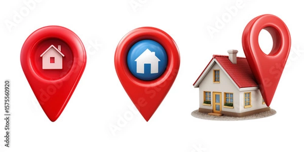 Fototapeta Red location pin with home symbol set isolated transparent white background. Location marker with house icon. 3d render location pin
