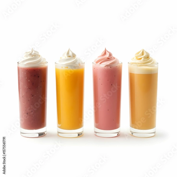 Obraz Four different cocktail smoothies with milky cream on the top isolated on the white background
