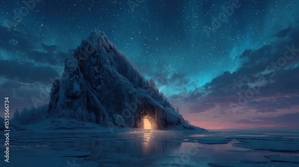 Fototapeta Serene arctic tundra landscape under aurora borealis nighttime digital art