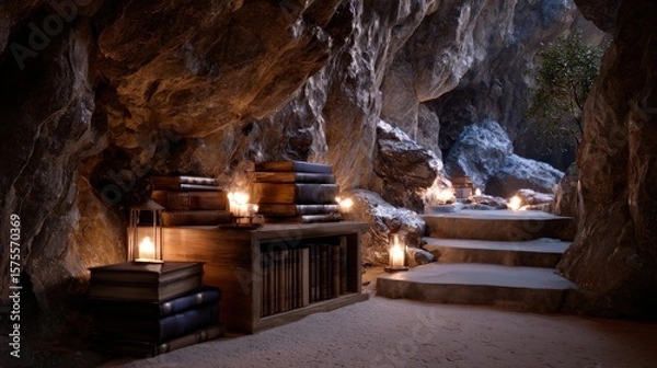 Obraz Enchanted Cave Library with Old Books and Lanterns
