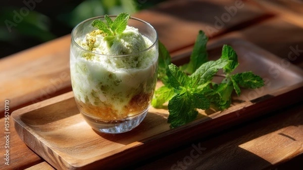 Obraz Refreshing Mint Kiwi Ice Cream Dessert on Wooden Tray