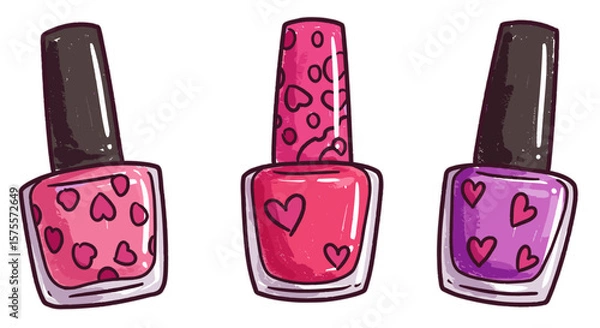 Obraz Cheerful hand-drawn crayon collection of nail polish tubes in pink, raspberry, and purple — colorful doodle naive kids style on transparent background for beauty stores and cosmetic websites

