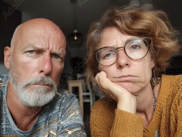 Fototapeta Unease in the Frame: An introspective couple with serious expressions, possibly indicating internal turmoil or contemplation in a close-up shot.