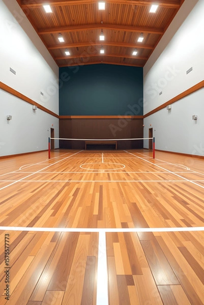 Fototapeta Empty gymnasium with badminton net and wooden floor ready for sports activities